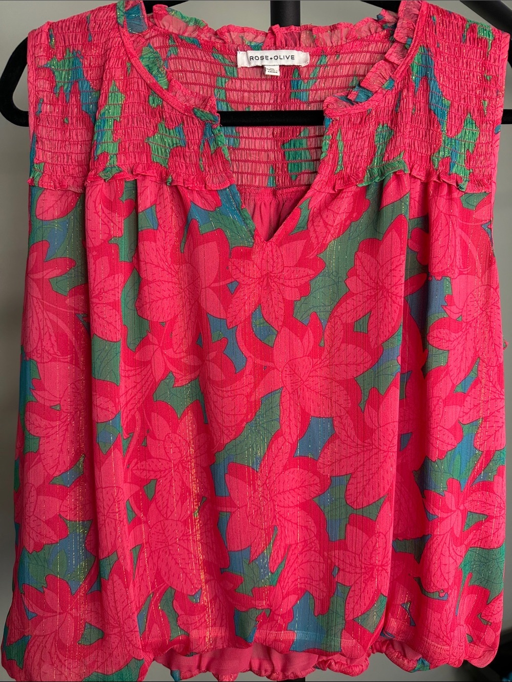 🌹Rose & Olive Gorgeous Vibrant Pink V Neck Floral Bubble Hem Blouse Size XL